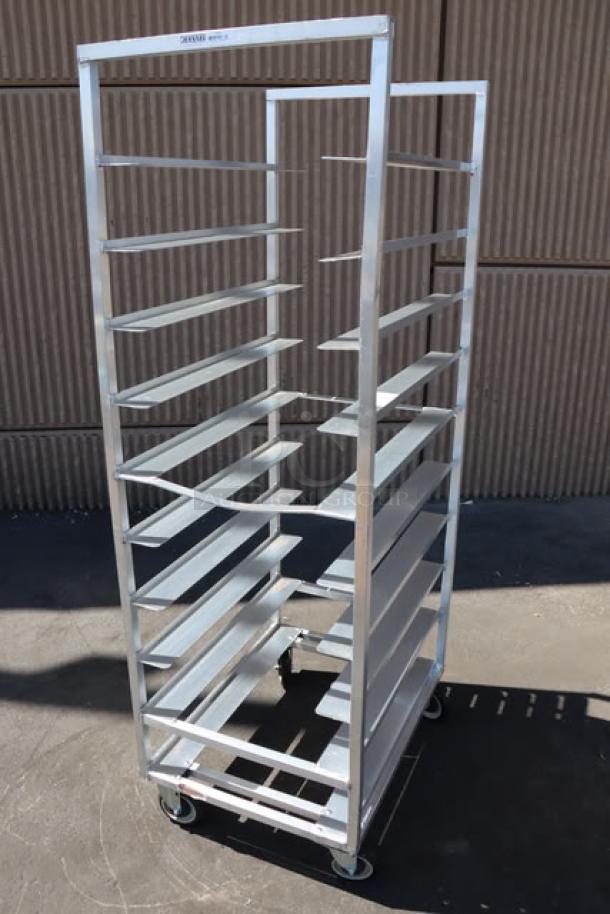 Channel T448A aluminum cafeteria tray rack, 20 trays, bottom load. Brand new scratch-n-dent, bent left side bar. Assembled.