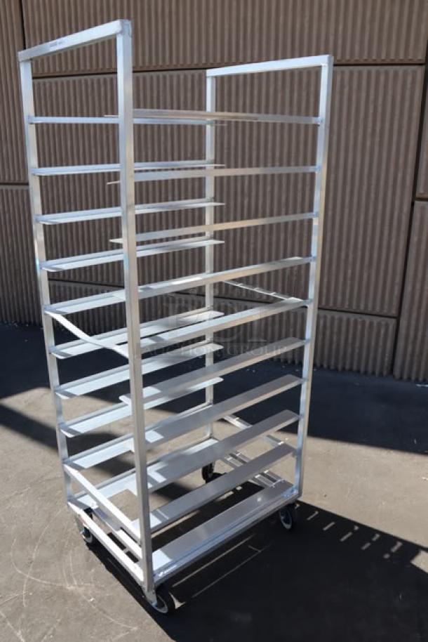 Channel T448A aluminum tray rack, 20 trays, bottom load, brand new, bent left side center bar, on casters.