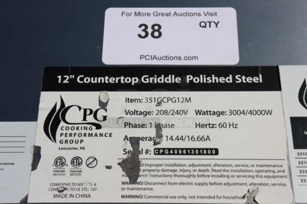 BRAND NEW SCRATCH-N-DENT Cooking Performance Group 12" electric countertop griddle, model G-CPG-12-M. Dented electric box, missing power cord. Serial: CPG40961301800.