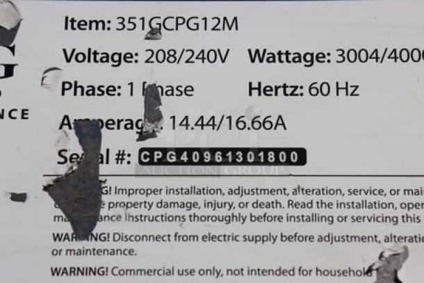 BRAND NEW SCRATCH-N-DENT Cooking Performance Group G-CPG-12-M 12" Electric Countertop Griddle. Dented electric box, missing power cord. Serial: CPG40961301800. 3,000W/4,000W, 208/240V, 1-3 Phase.