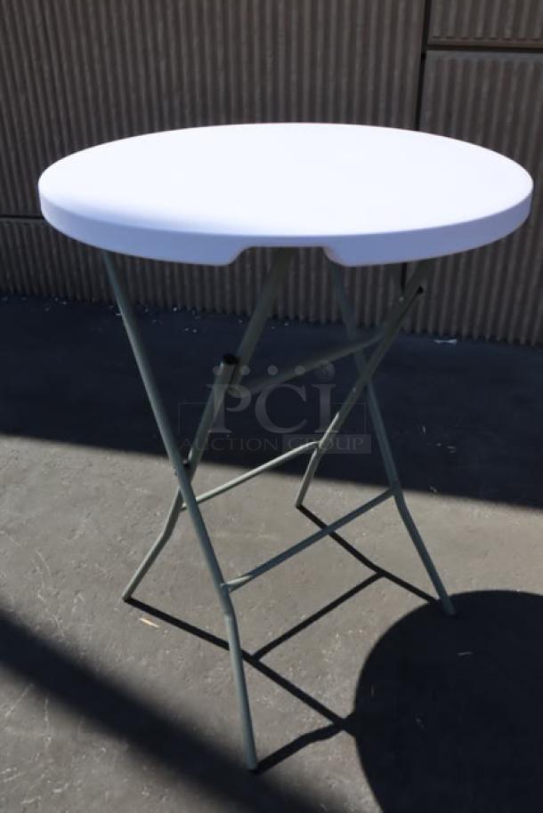 Brand new Lancaster 32" round granite white folding bar table, sage gray legs, model 384YCZ32RNDB; damaged packaging.