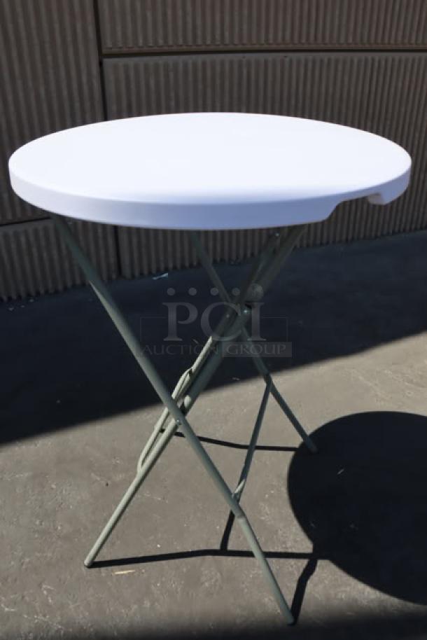 Lancaster Table & Seating 32" round granite white bar-height folding table with sage gray legs, model 384YCZ32RNDB.