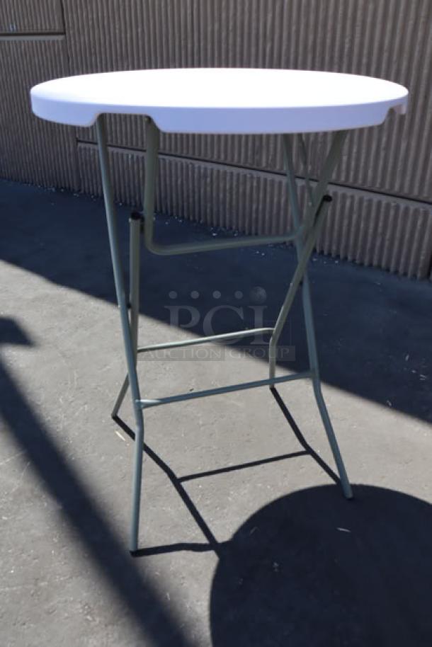Brand new Lancaster 32" round granite white bar height folding table with sage gray legs, model 384YCZ32RNDB.