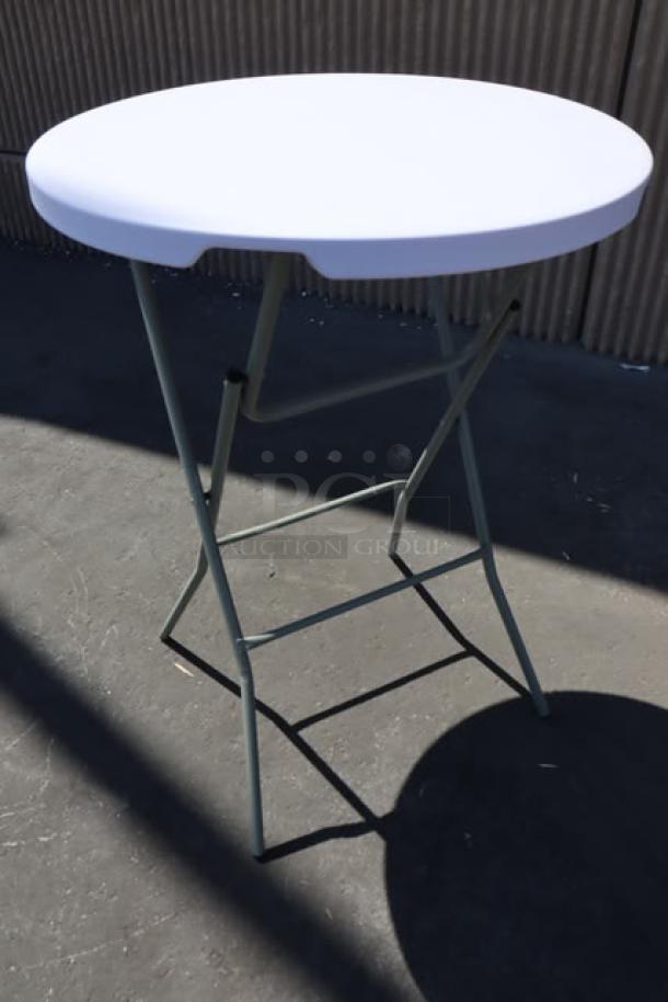 BRAND NEW Lancaster 32" round bar height folding table, granite white top, sage gray legs, model 384YCZ32RNDB. Original packaging damaged.
