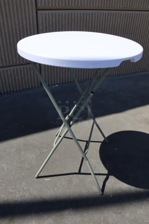Brand new Lancaster 32" round granite white bar height folding table, model 384YCZ32RNDB, with sage gray legs.