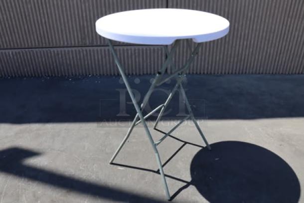 Brand new Lancaster 32" round granite white bar height folding table, model 384YCZ32RNDB, with sage gray legs.