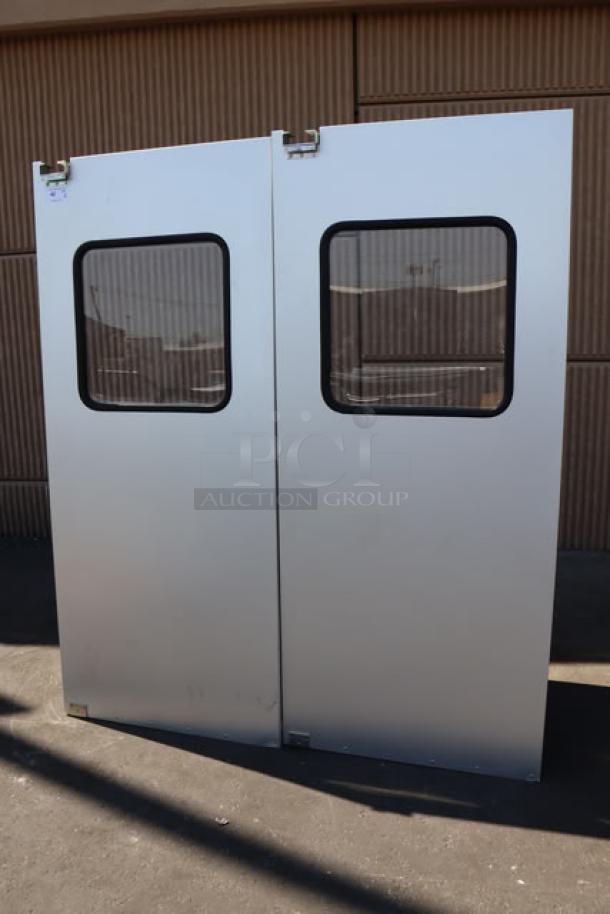 Curtron Service-Pro Series 30 aluminum swinging doors, 36" x 84"; out of packaging, visible scratches, and dents.