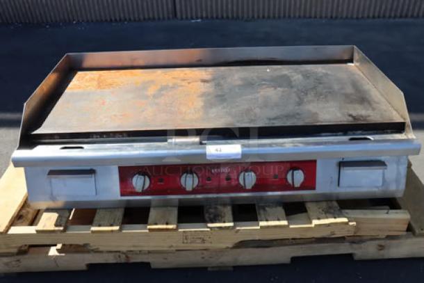 Brand new Avantco EG48N 48" electric countertop griddle with visible scratches. Model EG48N, 208/240V, 10482W-14000W.