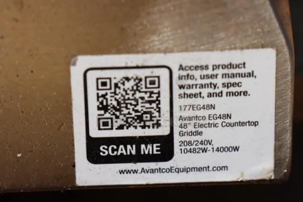 QR code label on Avantco EG48N griddle. Text includes model, voltage, and wattage details. Scratch-n-dent condition.