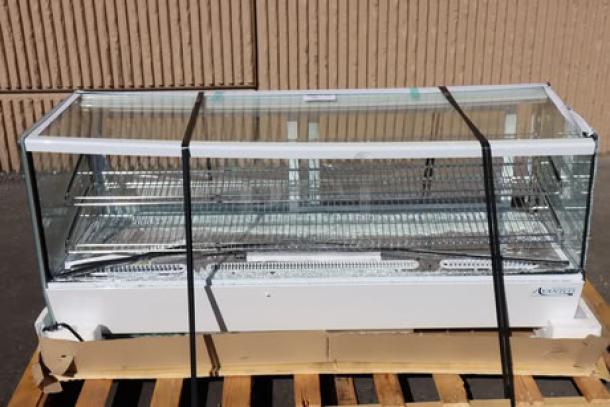 Avantco BCS-60-HC 60" white refrigerated display case with LED lighting. Features: broken glass, bent frame, ripped power cord.