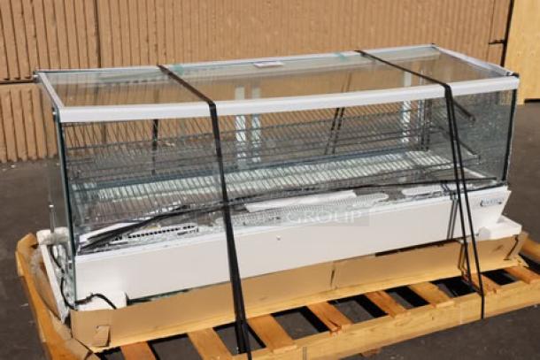 Avantco BCS-60-HC 60" white refrigerated bakery display case with LED lighting. Features broken glass, bent frame, ripped power cord.