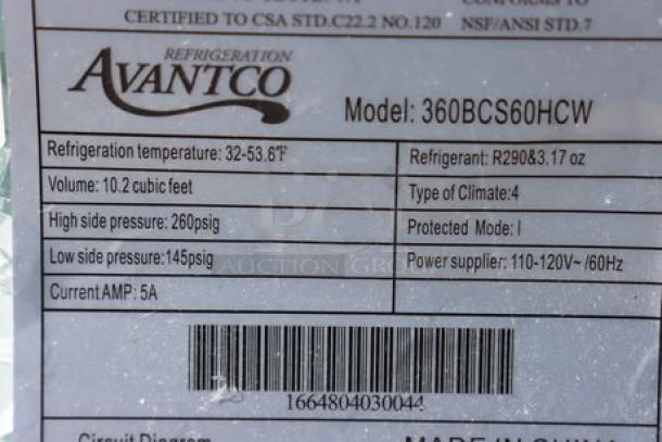 Avantco BCS-60-HC bakery display case label showing model 360BCS60HCW, refrigeration details, and serial number 1664804030044.