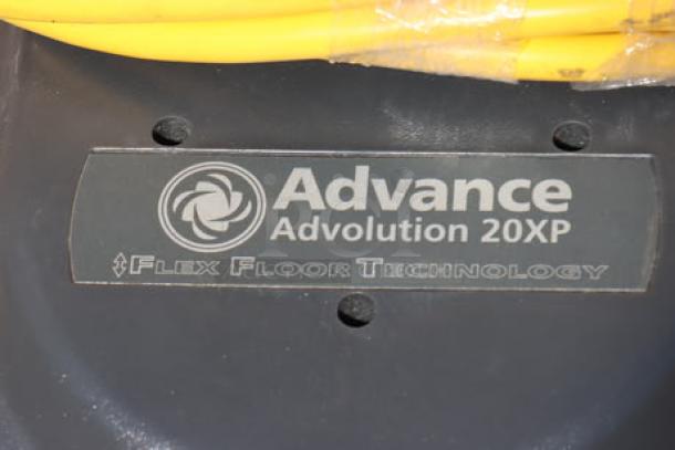 Advance Advolution 20XP Floor Burnisher label showcasing model 01520A; mentions Flex Floor Technology.