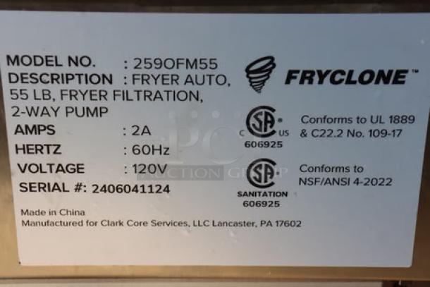 BRAND NEW Fryclone 55 lb Low-Profile Portable Fryer Oil Filter Machine, model 259OFM55, 120V, 2-way pump. Serial: 2406041124.