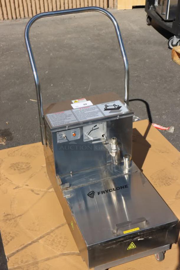 BRAND NEW Fryclone 55 lb. Low-Profile Fryer Oil Filter, model 259OFM55, perfect condition, food-grade lubricant spill noted.