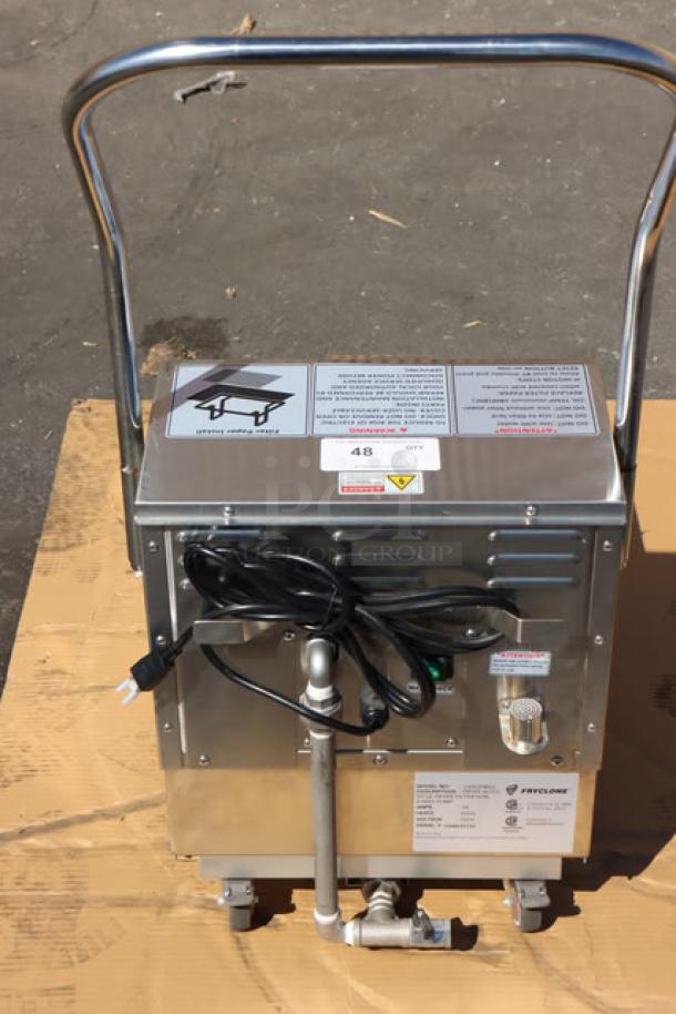 Brand new Fryclone 55 lb. fryer oil filter machine, model 259OFM55. Stainless steel, 2-way pump, slight lubricant spill.