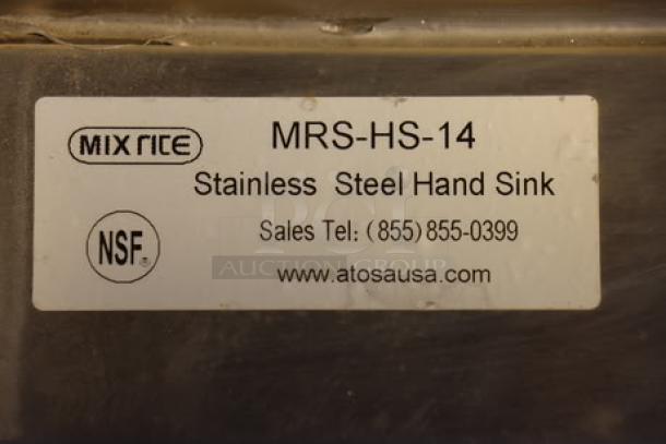 Mix Rite MRS-HS-14 stainless steel hand sink label with NSF certification and contact details for atosausa.com.