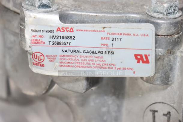 Product label showing ASCO emergency shutoff valve details, model HV2165852, natural gas and LPG 5 PSI, ULC listed.