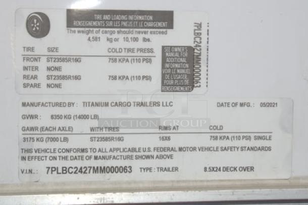 NEW Cruising Kitchens 24' Enterprise Food Trailer tag showing capacity, tire specs, and manufacturing details compliant with safety standards.