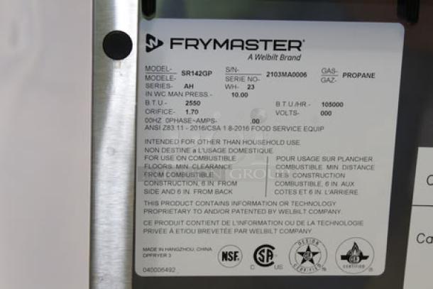 Label displaying Frymaster model SR142GP, propane-powered, with technical specs including pressure, power, and certifications.