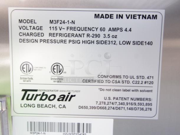 Label showing details for Turbo Air refrigerator, Model M3F24-1-N, made in Vietnam. Voltage: 115V, Amps: 4.4.