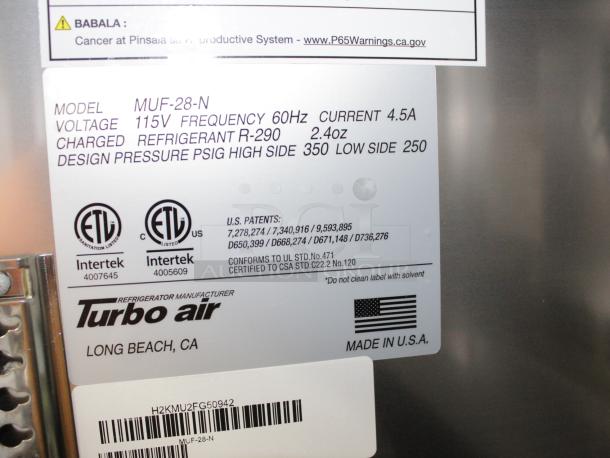 Label showing model MUF-28-N, voltage 115V, refrigerated with R-290, made by Turbo Air in Long Beach, CA, USA.