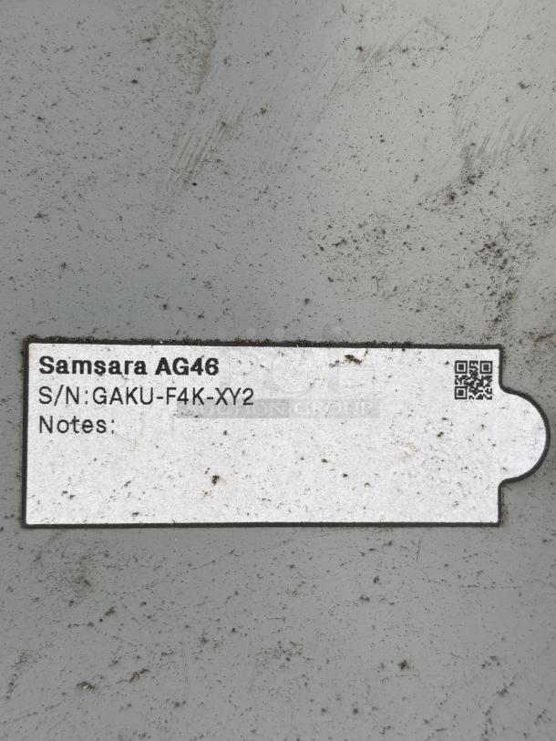 White label on gray background reading "Samsara AG46, S/N: GAKU-F4K-XY2, Notes:" with QR code on right.