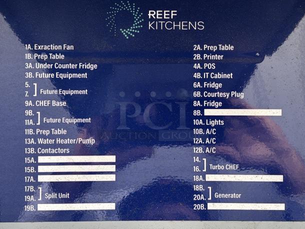 Reef Kitchens label detailing appliance layout: extraction fan, prep tables, fridges, lights, A/C, generator, and more.