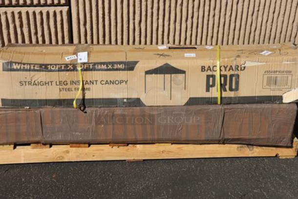 Brand new Backyard Pro Courtyard Series 10' x 10' pop-up canopy. White, steel frame. Packaging is damaged.