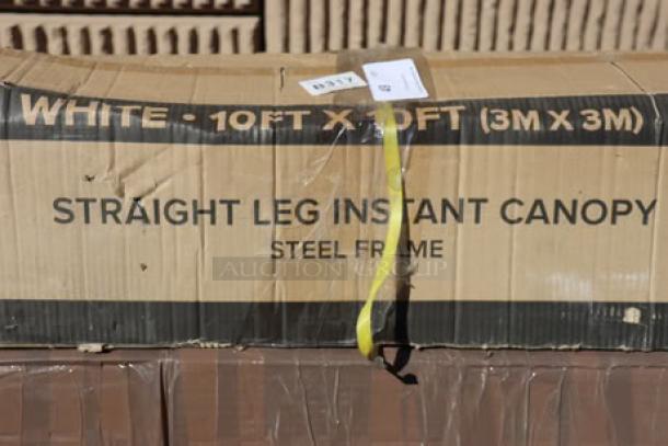 Backyard Pro Courtyard Series 10'x10' white canopy tent, new with damaged packaging, features a steel frame and straight legs.