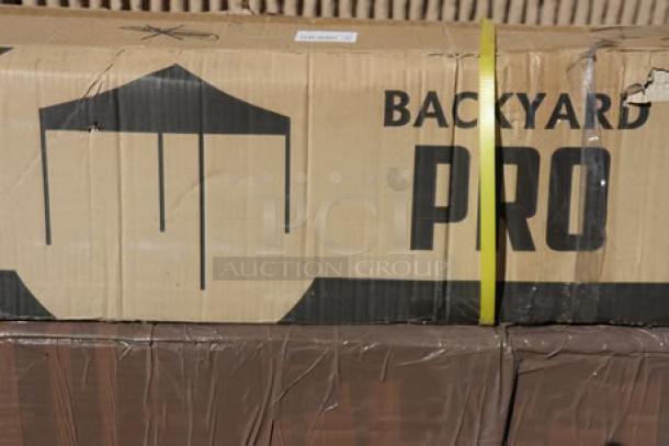 Brand new Backyard Pro Courtyard Series 10' x 10' white steel pop-up canopy tent. Packaging is damaged.