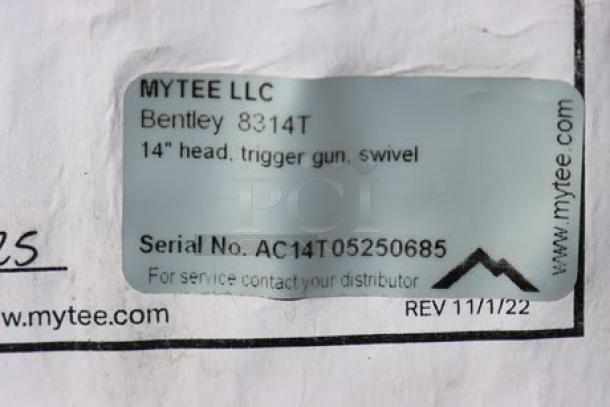 Label showing details of Mytee 8314T Bentley 14" Titanium Wand for Carpet Extractors with Serial No. AC14T05250685.