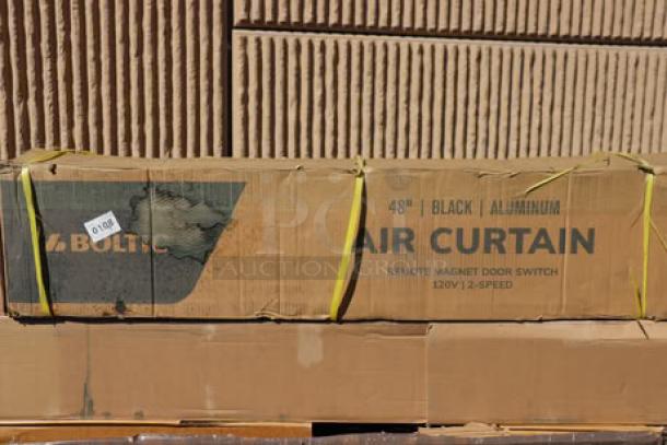 Boltic 48" black aluminum air curtain in box, model 6873512LYB. Features remote magnetic door switch, 120V, new scratch-n-dent condition.