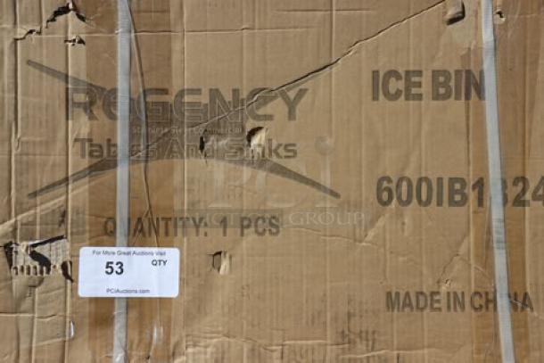 Regency 600IB1824 underbar ice bin in original damaged packaging. Model: 600IB1824. "Made in China" marking visible.