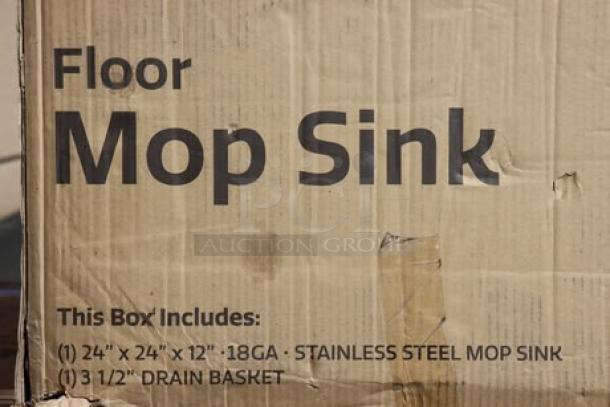 Brand new Steelton 522MS242412 24"x24"x12" stainless steel mop sink, slightly damaged packaging, includes drain basket.