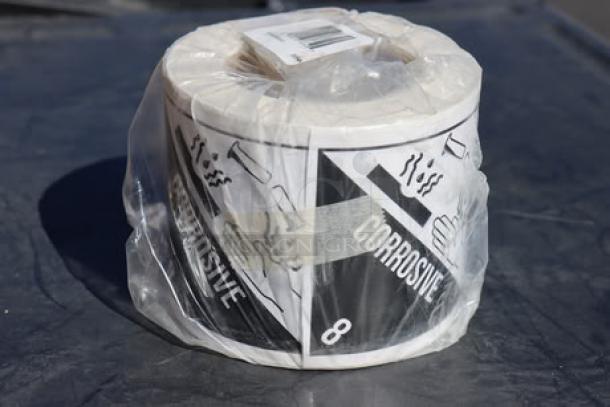 BRAND NEW Lavex 4" x 4" Corrosive Gloss Paper Labels, 500 per roll, sealed in plastic. Model SHIP4X4CC.