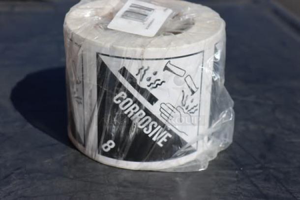 Lavex 4" x 4" Corrosive Gloss Paper Labels, 500/roll, model SHIP4X4CC, brand new, sealed. Total: 13 rolls.