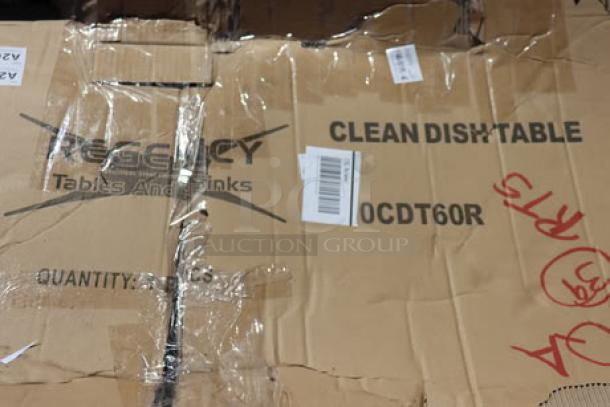 Regency 600CDT60R 16 Gauge 5' Clean Dish Table packaging, labeled as brand new scratch-n-dent, with right drainboard.