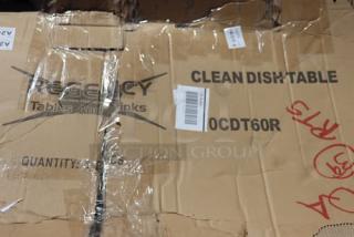 Regency 600CDT60R 16 Gauge 5' Clean Dish Table packaging, labeled as brand new scratch-n-dent, with right drainboard.