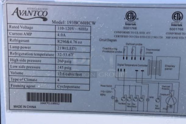 Avantco BC-60-HC refrigerated bakery display case, 60", curved glass, S/N: 1664701100012, glass broken in corner, 115V.