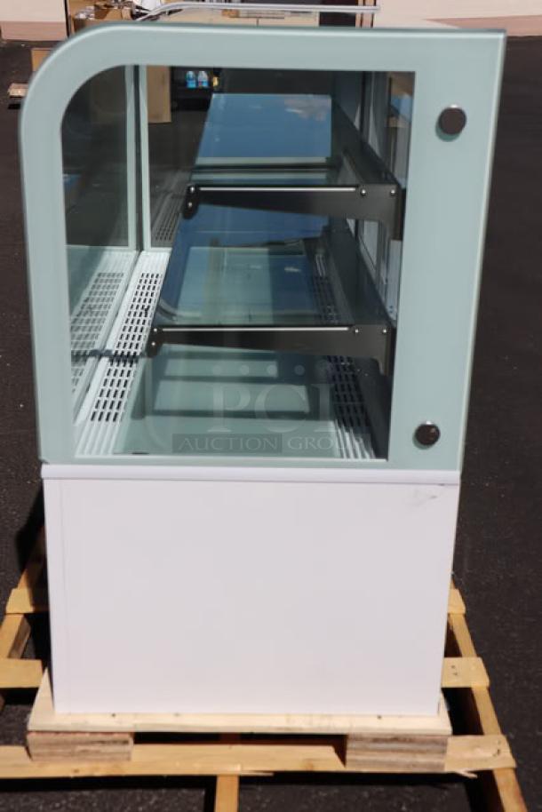 Brand new Avantco BC-60-HC 60" curved glass bakery display case, white; features broken glass corner. Model: BC-60-HC.