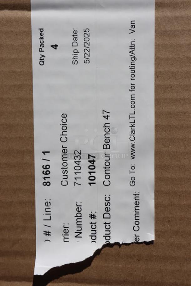 Alt text: Shipping label on cardboard box for Plymold Contour Bench 47, product number 101047, delivery date 5/22/2025.
