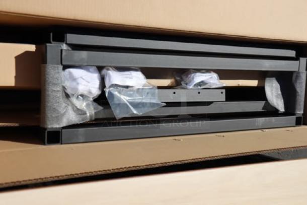 Brand new Plymold Contour 24" x 47" beige table top with two beige benches, model CBWL047VEBWBKBW, unopened in packaging.