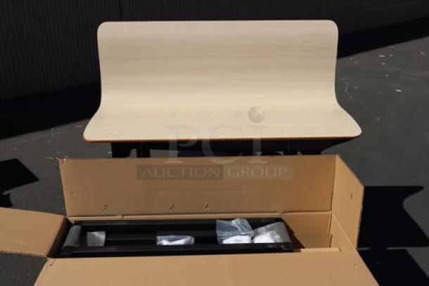 Brand new Plymold Contour 24" x 47" beige table top and 2 beige benches, model CBWL047VEBWBKBW, in original packaging.