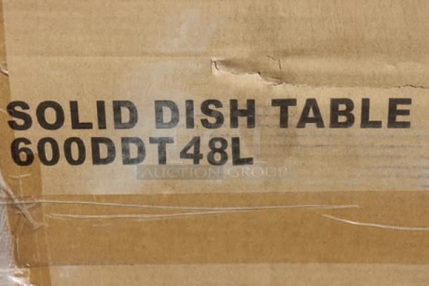 Cardboard packaging for Regency 600DDT48L 4' dish table. Labeled "Solid Dish Table 600DDT48L." Scratch-n-dent condition.