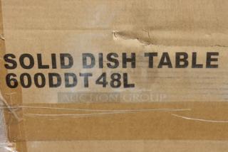 Cardboard packaging for Regency 600DDT48L 4' dish table. Labeled "Solid Dish Table 600DDT48L." Scratch-n-dent condition.