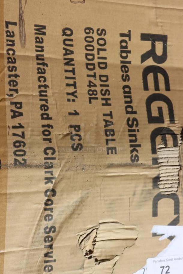 Regency 600DDT48L 4' soiled dish table with left drainboard, brand new, 16 gauge, scratch-n-dent, visible box damage.