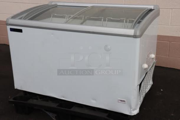 Brand new Scratch-N-Dent 2025 Master-Bilt MSC-49AA 49" curved top display freezer. Dented exterior; power cord replacement needed.
