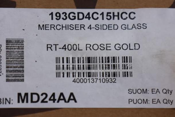 Barcode label with product details: 193GD4C15HCC, merchiser 4-sided glass. RT-400L Rose Gold. Barcodes and codes visible.