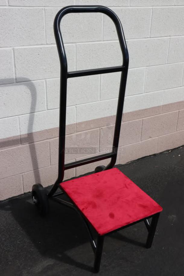 Brand new Flash Furniture FD-STK-DOLLY-GG stacking chair dolly, two wheels, red padded platform, units out of packaging.